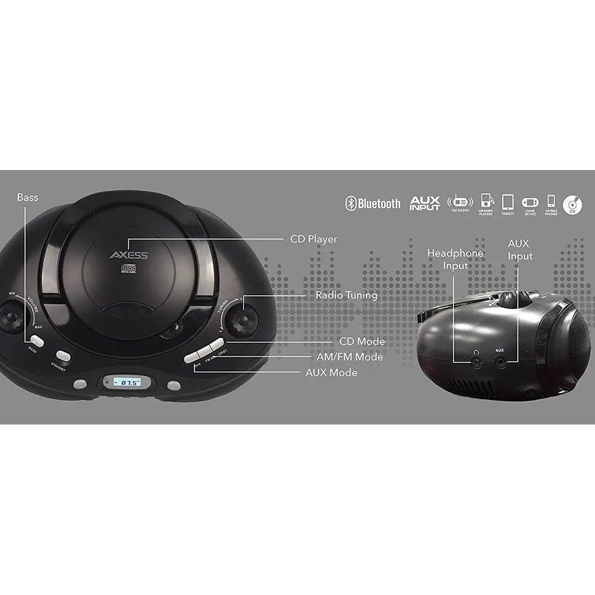 Axess Portable Thunder Blast CD Player AM/FM Bluetooth