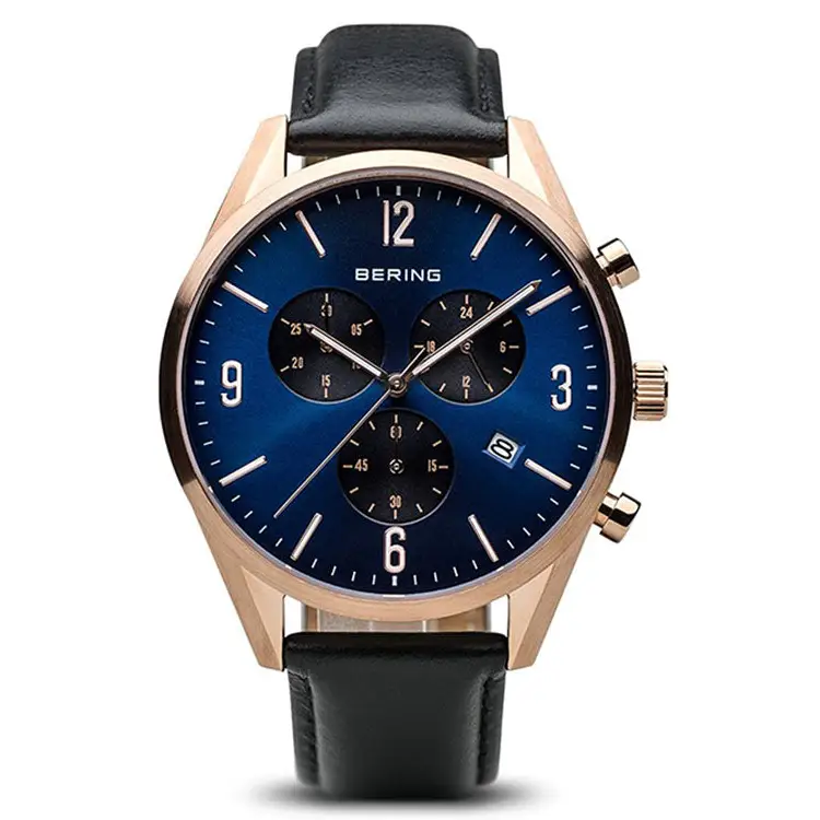 Bering Men’s Chronograph Rose Gold Plated Leather Band Watch