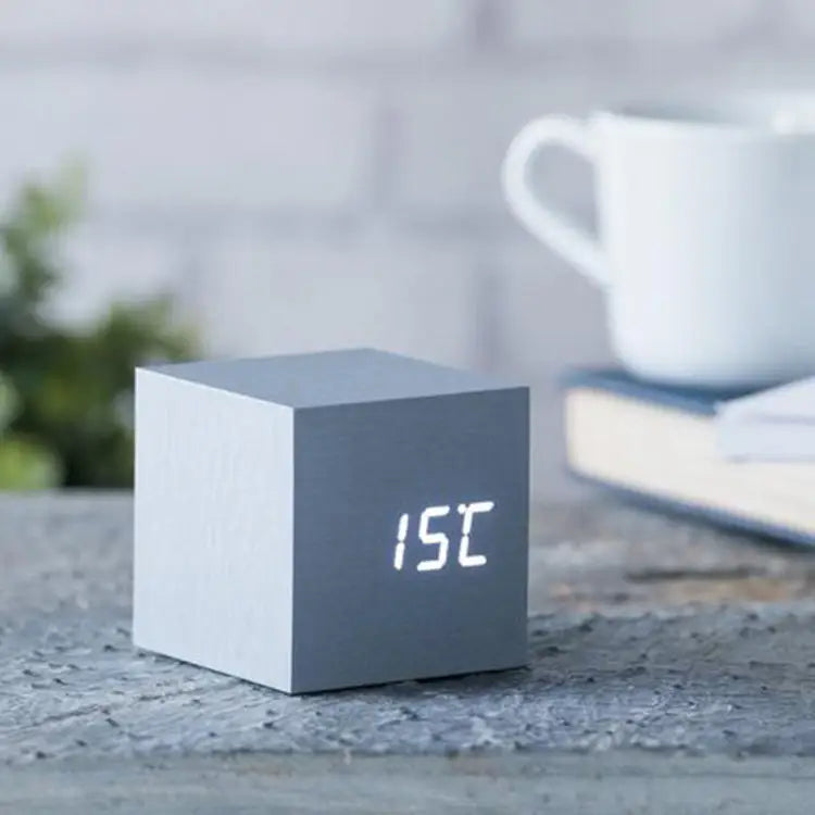 Gingko Aluminum Cube Digital Click Clock/White LED Alarm