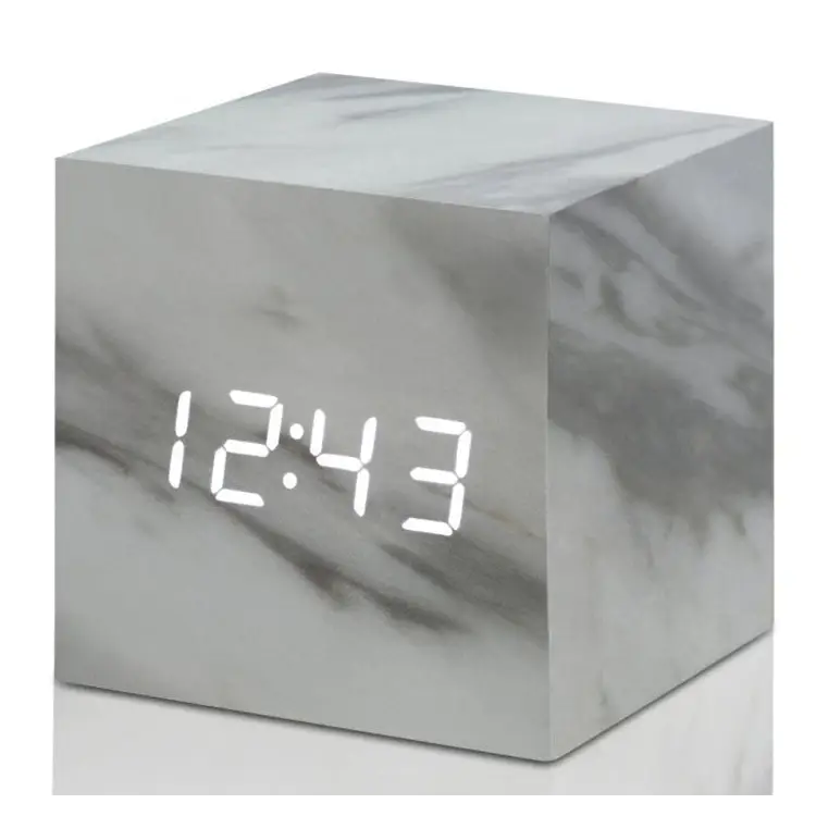 Gingko Cube Click Clock Wooden Alarm Clock (Marble/White