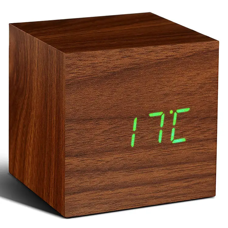 Gingko Walnut Cube Digital Click Clock/Green LED Alarm Clock