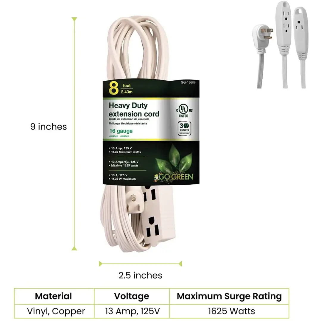 GoGreen Power 8ft. Heavy Duty Extension Cord (16/3 13Amp