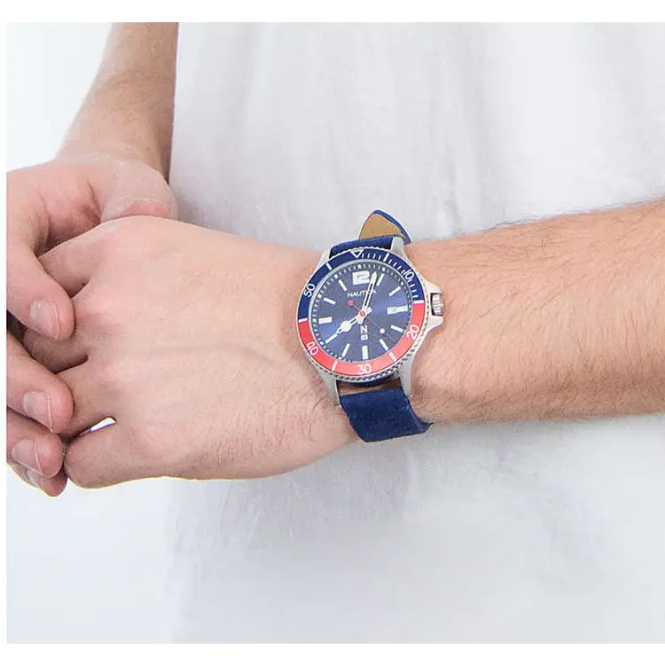 Nautica Men’s N83 Accra Beach Silver Tone Brass/Blue Nubuck