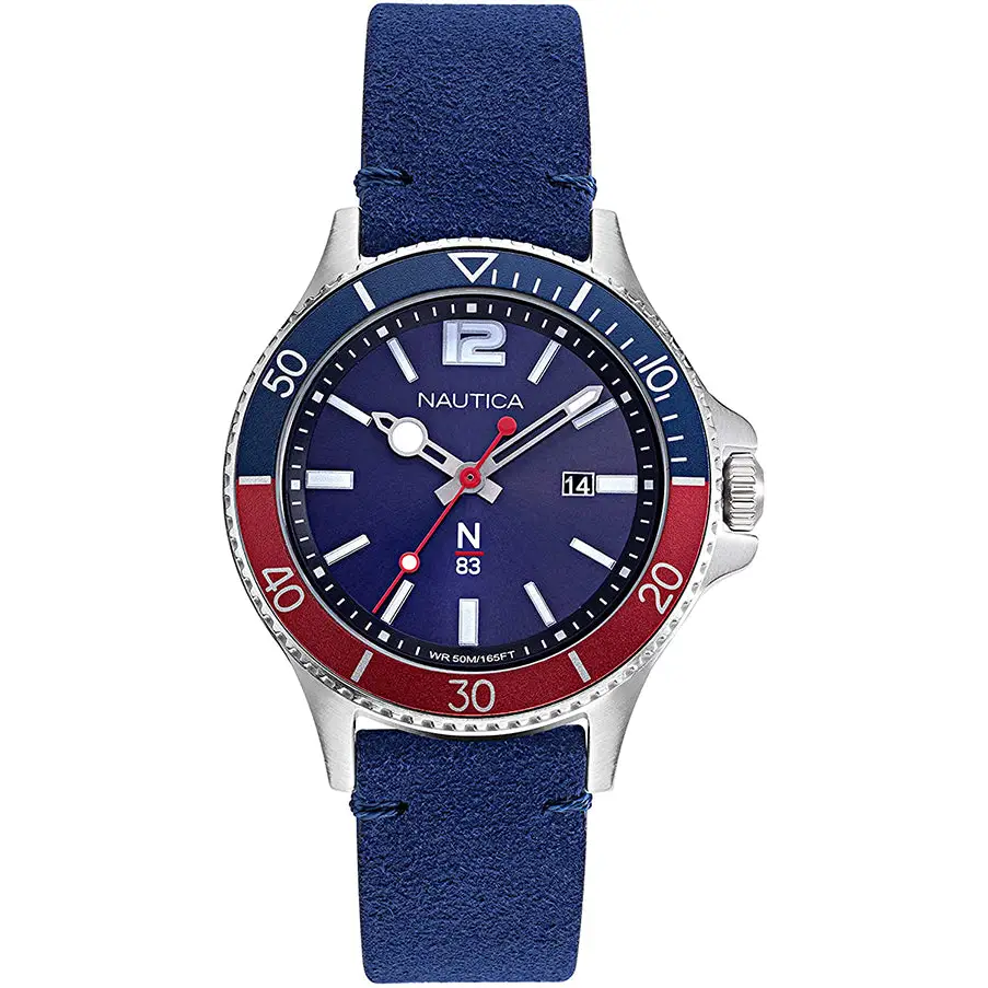 Nautica Men’s N83 Accra Beach Silver Tone Brass/Blue Nubuck