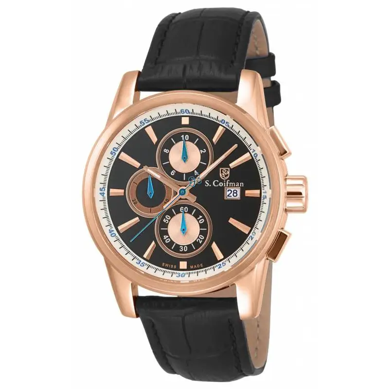 S. Coifman Men’s Chrono Quartz Rose Gold Plated Case Black