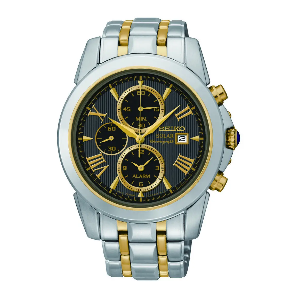 Seiko Men’s Solar Chrono Steel Black Dial Gold DetailsDate