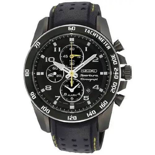 Seiko Sportura Black Dial Black Leather Band Mens Watch -