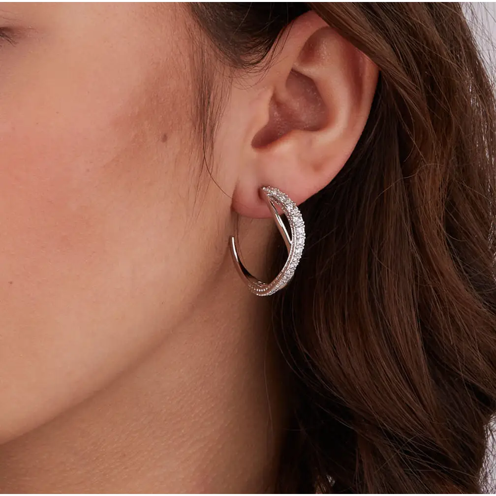 Swarovski Twist Hoop Rhodium Plated White Crystals Pierced
