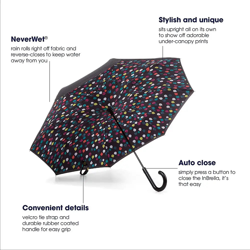 Totes InBrella Reverse Auto Close Umbrella (Large Raindrops)