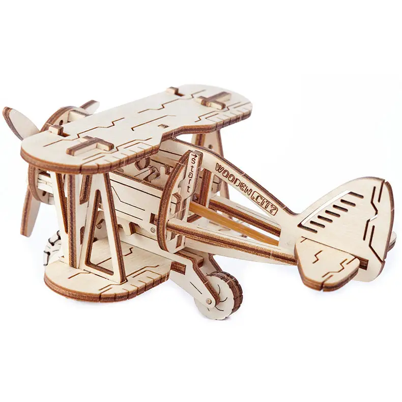 502328 Wooden City 3D Puzzle Building Mechanical Biplane
