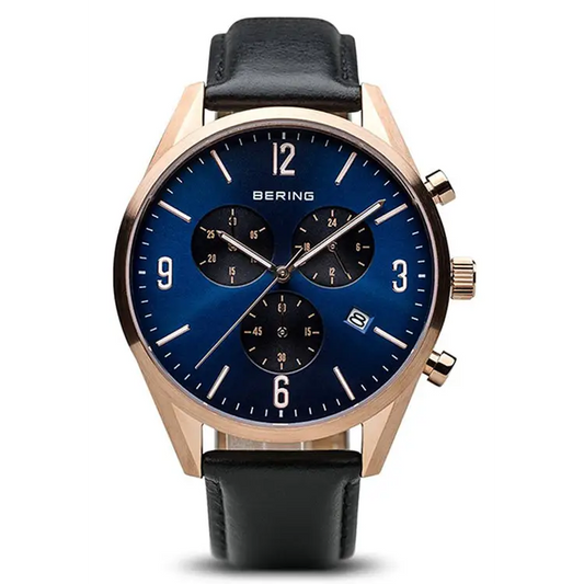 Bering Men’s Chronograph Rose Gold Plated Leather Band Watch