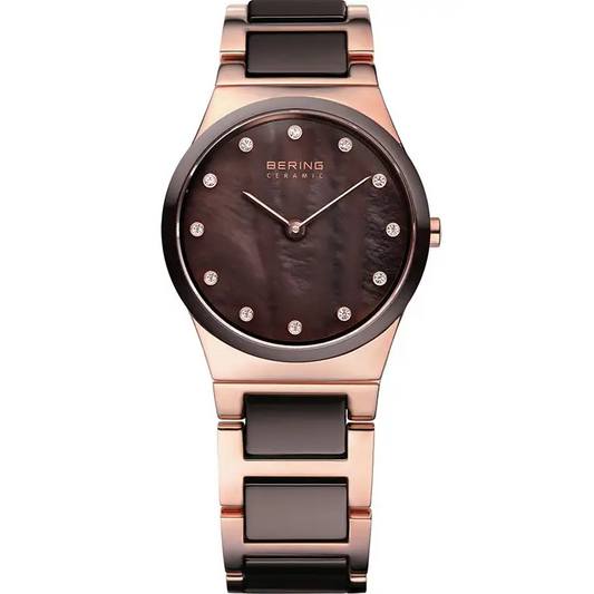 Bering Women’s Brown Ceramic Rose Gold Tone Stainless Steel