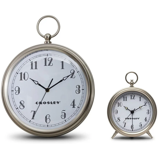 Crosley 12 Deco Finial Metallic Wall Clock & Alarm Clock Set