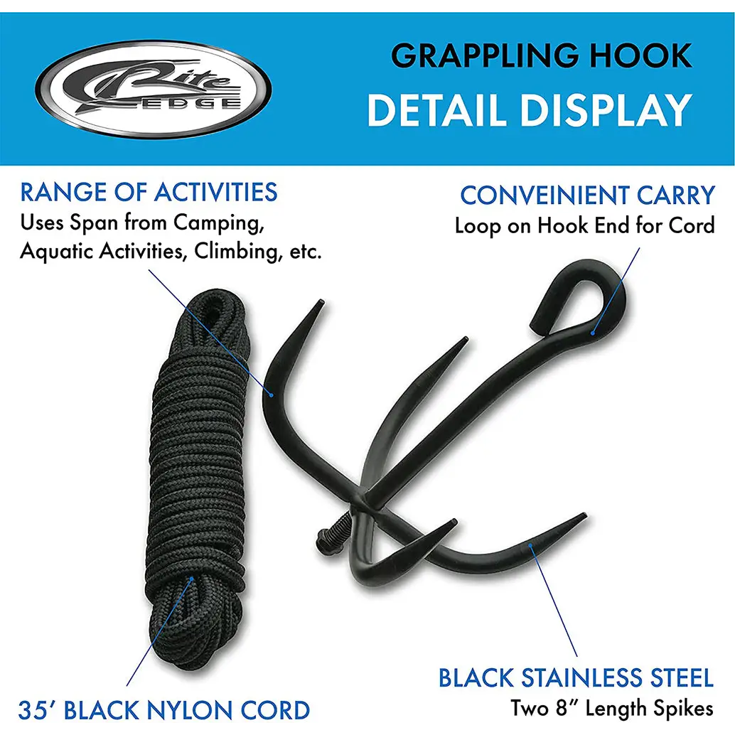 FP03400 Folding Grappling Hook with Black Cord, Midnight Black