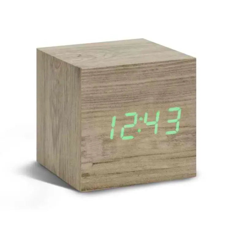 Gingko Ash Cube Digital Click Clock/Green LED Alarm Clock