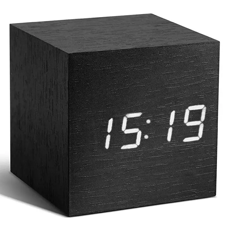 Gingko Cube Click Clock Wooden Alarm Clock (Black/White LED)