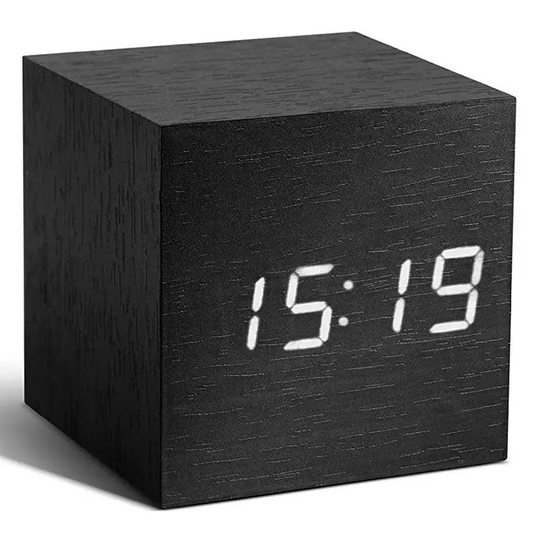 Gingko Cube Click Clock Wooden Alarm Clock (Black/White LED)