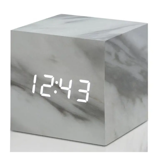 Gingko Cube Click Clock Wooden Alarm Clock (Marble/White