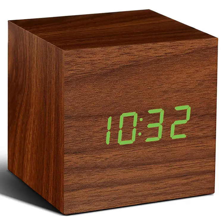 Gingko Walnut Cube Digital Click Clock/Green LED Alarm Clock