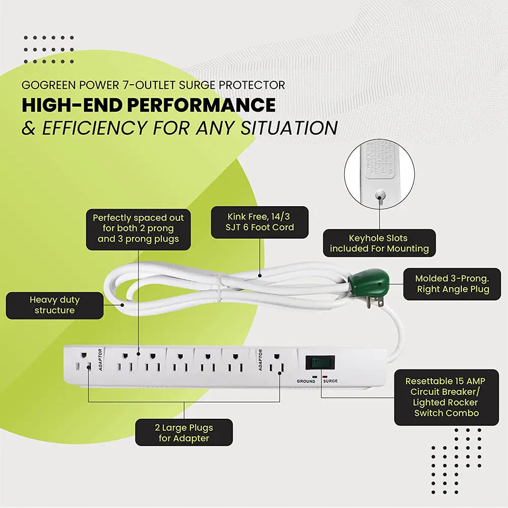 GoGreen Power 7 Outlet Surge Protector with 6’ Cord GG-17636
