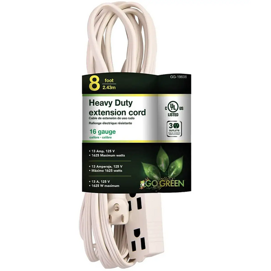 GoGreen Power 8ft. Heavy Duty Extension Cord (16/3 13Amp