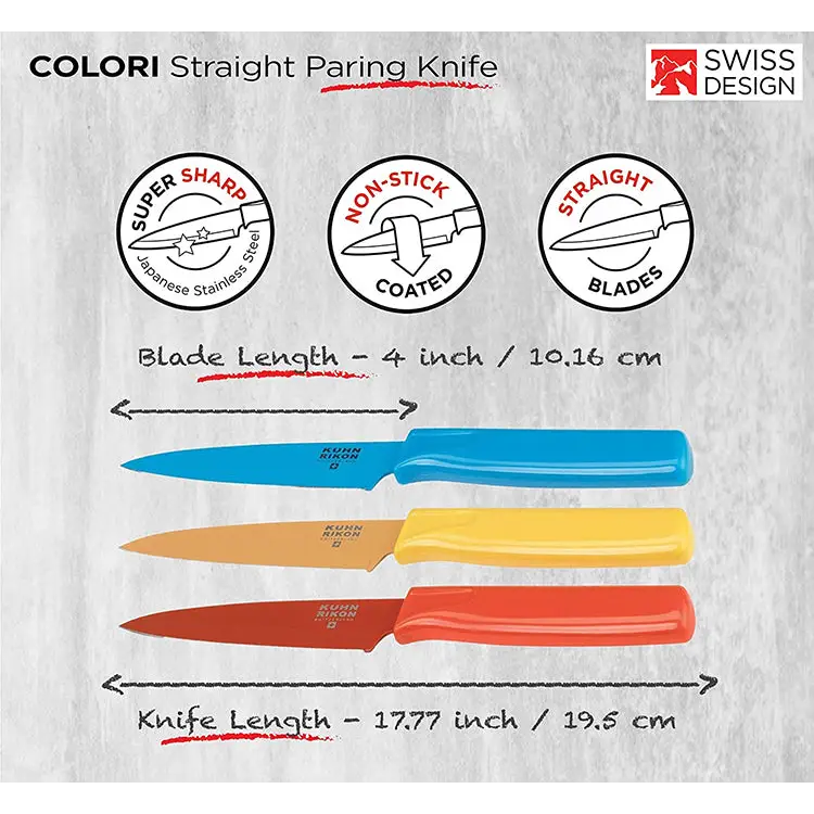 Kuhn Rikon Non-Stick Straight 4-Inch Paring Knife, Set of 3, Red, Orange,  Yellow