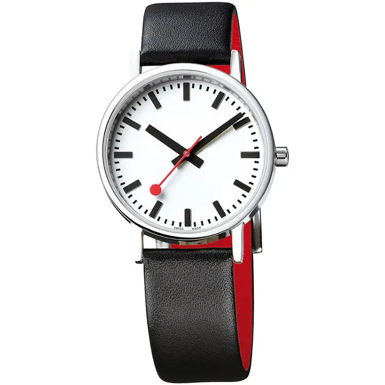 Mondaine Men’s Classic Stainless Steel Black/Red Leather