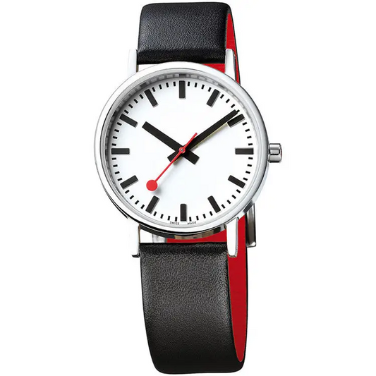 Mondaine Men’s Classic Stainless Steel Black/Red Leather