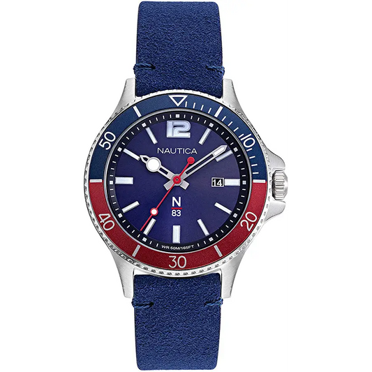 Nautica Men’s N83 Accra Beach Silver Tone Brass/Blue Nubuck