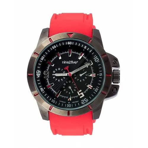 Nine2Five Men’s Chrono Quartz Black Alloy Case Red Silicone