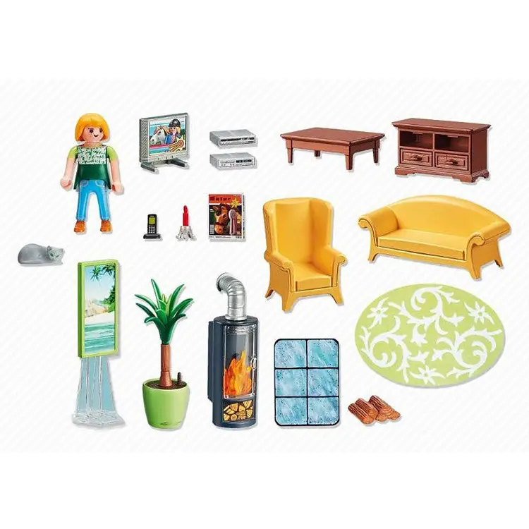 Playmobil Dollhouse Living Room Set with Fireplace 5308 for Kids 4 to shopemco