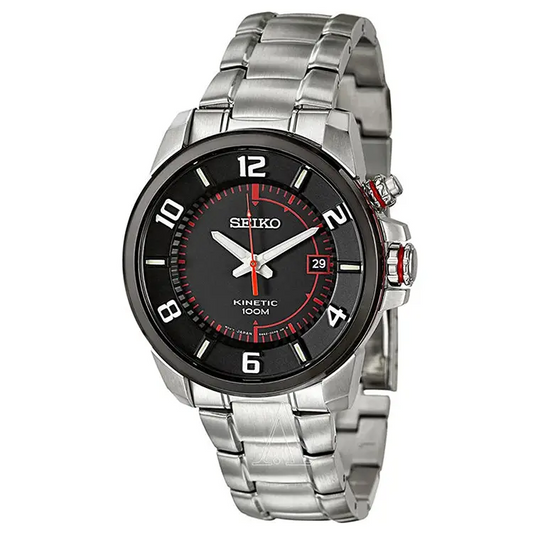 Seiko Men’s 100m Silver Tone Stainless Steel Black Dial Red