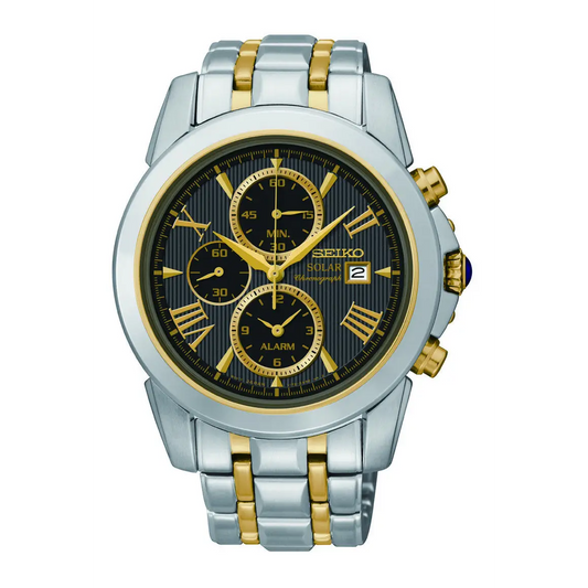Seiko Men’s Solar Chrono Steel Black Dial Gold DetailsDate