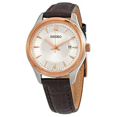 Seiko Stainless Steel and Rose Gold Brown Leather Women’s