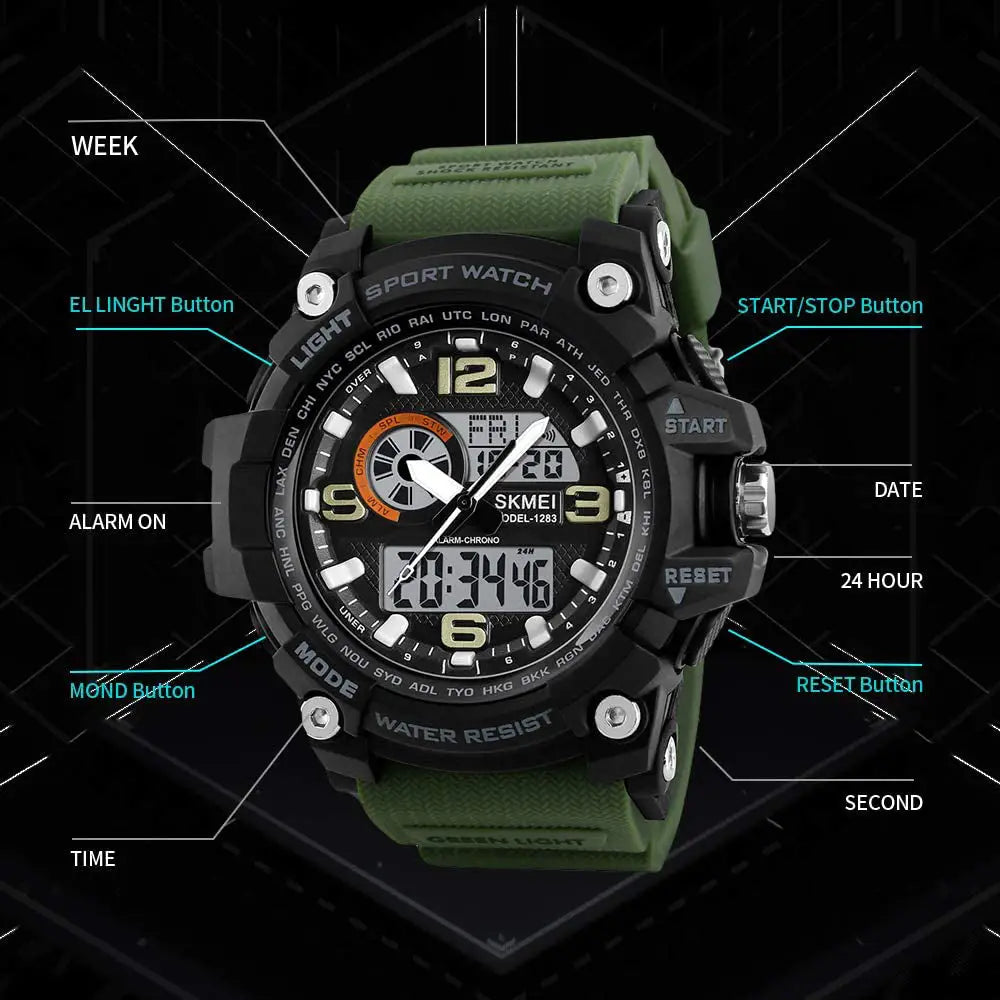 SKMEI Men’s Ana-Digi Quartz 3 Time Zones Army Green