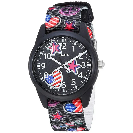 Timex Kids’ Analog Quartz Stars and Flag Black Nylon Watch