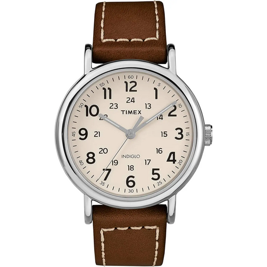 Timex Men’s Weekender Cream Dial Silver Brass/Brown Leather