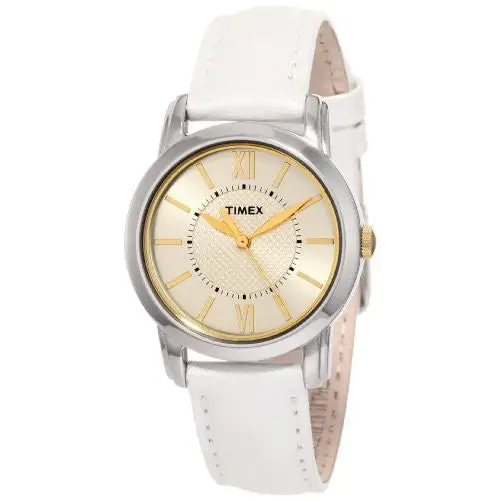 Timex Women’s Elevated Classics Champagne Dial White Leather